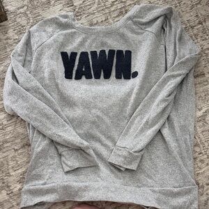 Secret Treasures Gray Pullover Sweater with Navy "YAWN." Appliqué
